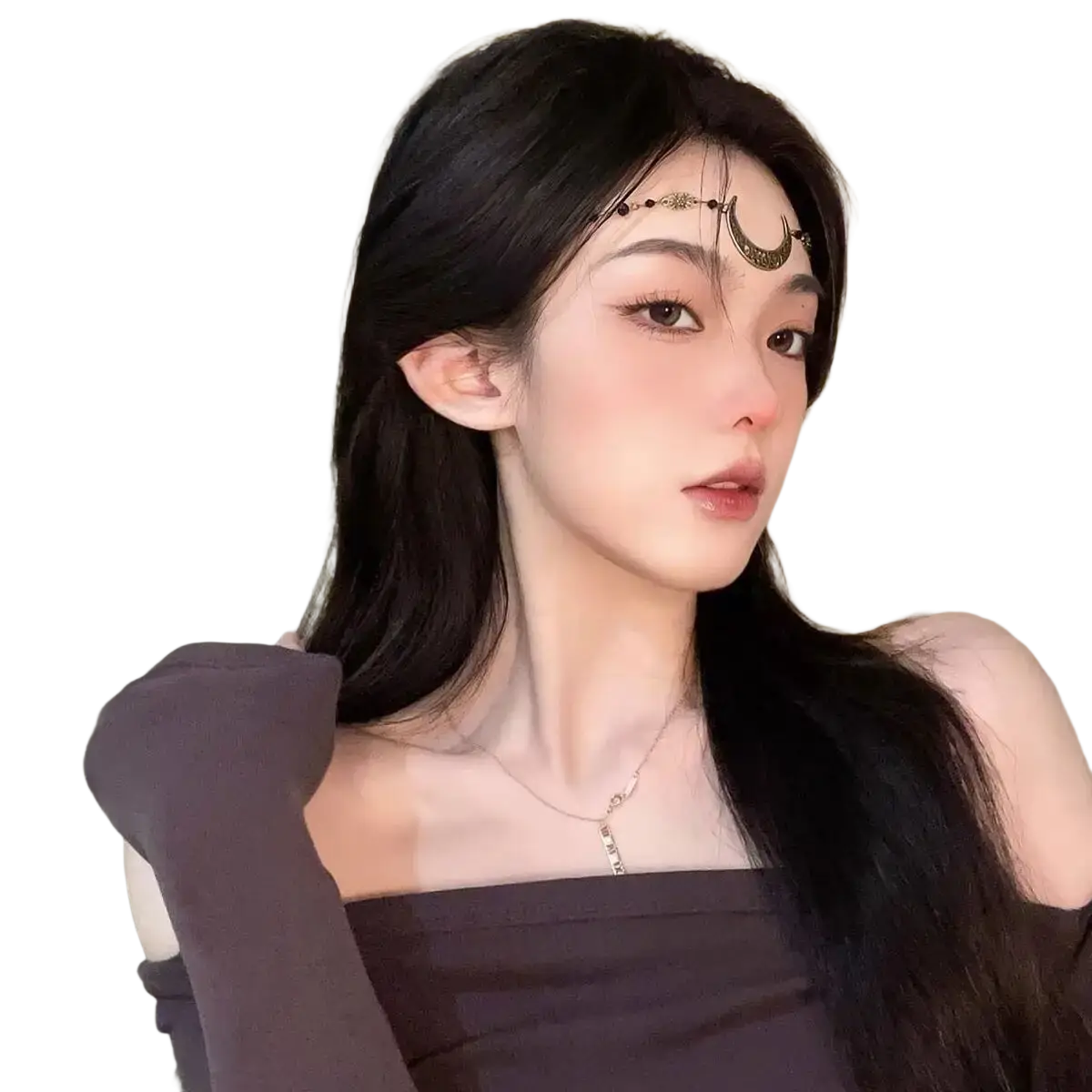 A delicate gold-toned forehead chain hair pendant with a crescent moon and red gemstone bead details