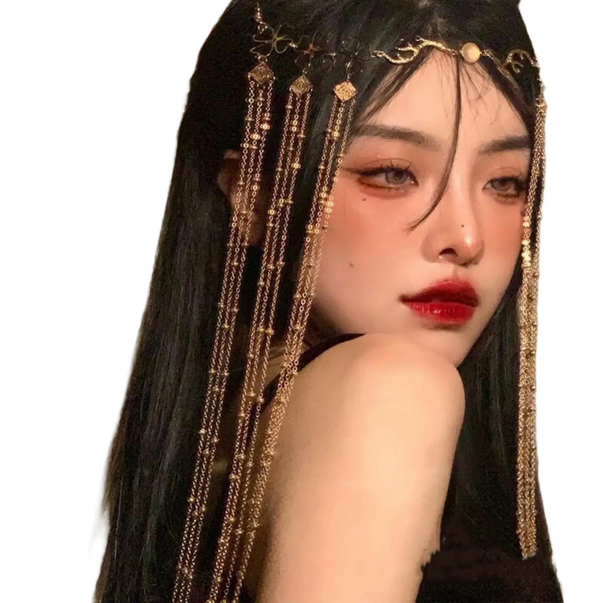 Red gemstone gold forehead chain hair pendant with ornate floral detailing and dangling bead embellishments