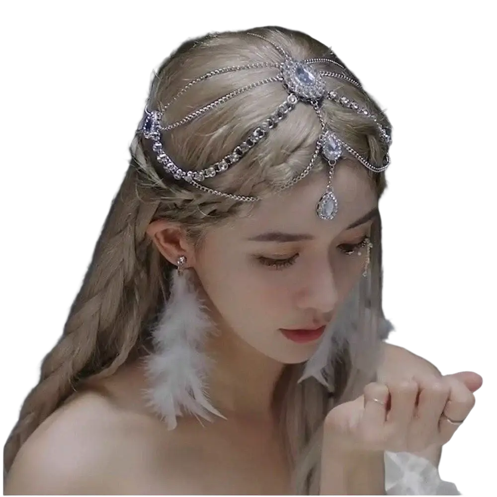 Silver chain headpiece with sparkling crystals and teardrop pendants for red gemstone gold forehead hair pendant