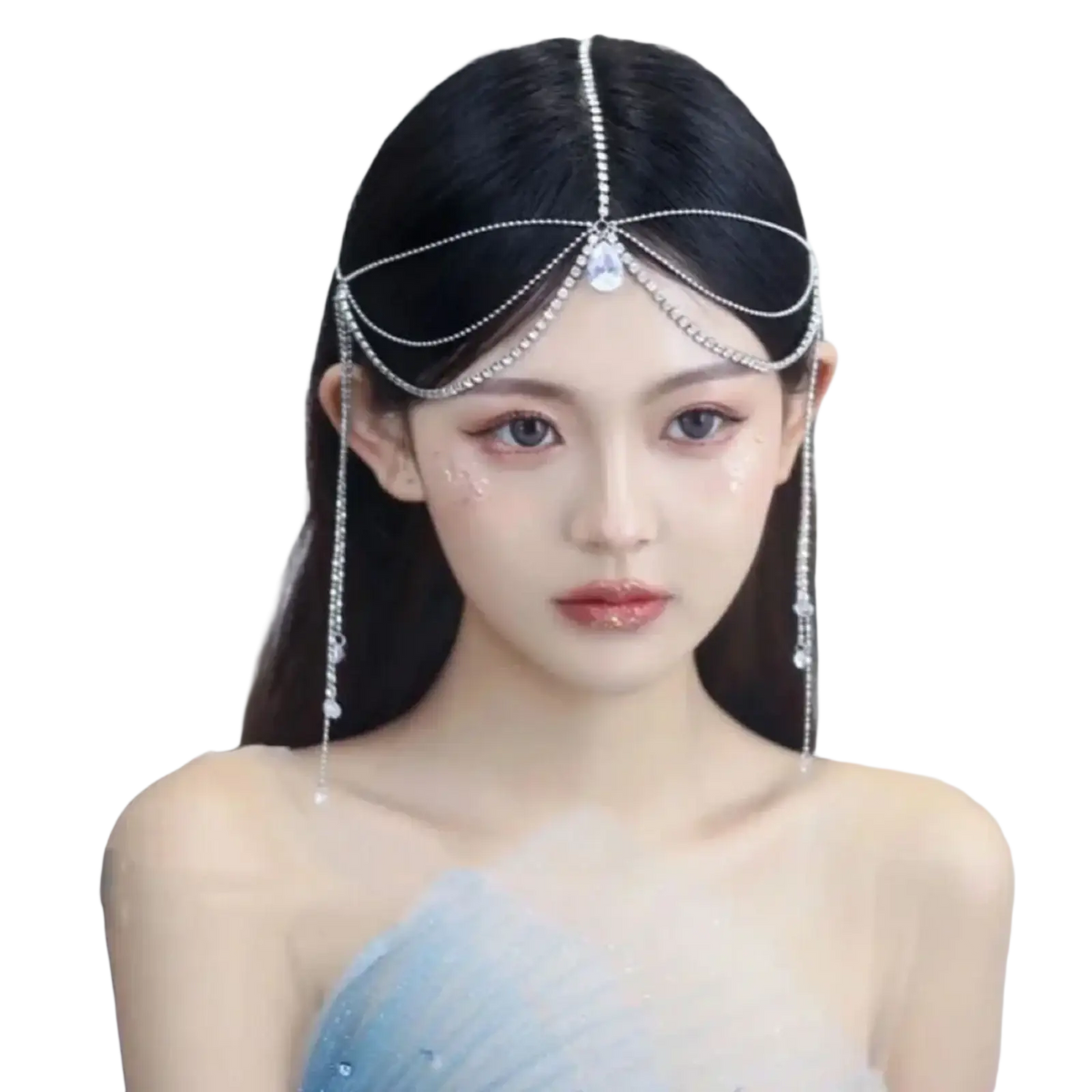 A sparkling silver forehead chain hair pendant with dangling crystal chains and a central teardrop-shaped gem