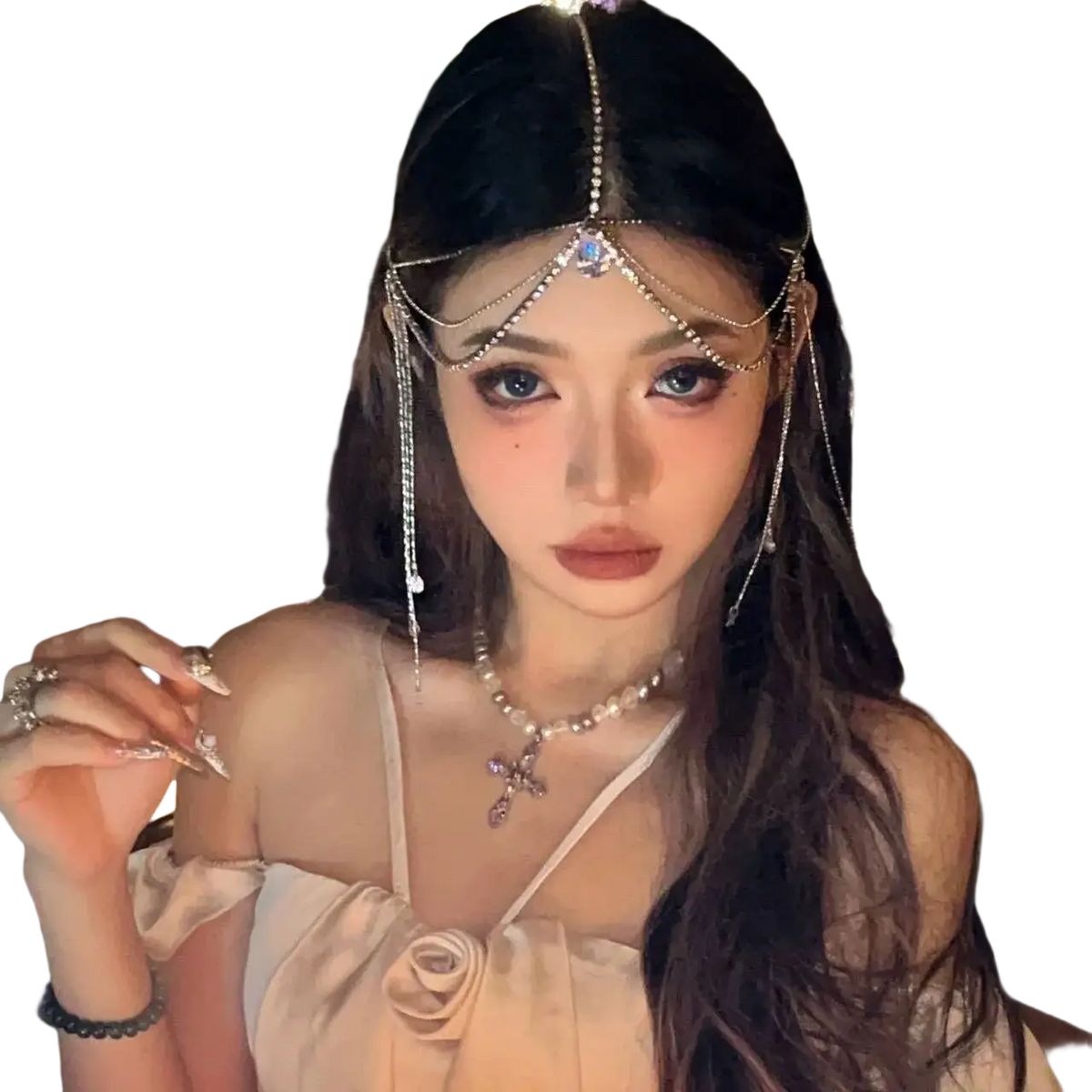 Silver jeweled forehead chain hair pendant with dangling chains and a central blue gemstone for elegant wear