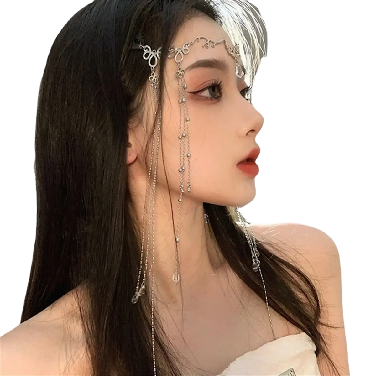 Silver metallic forehead chain hair pendant with intricate filigree design and dangling beaded crystal chains