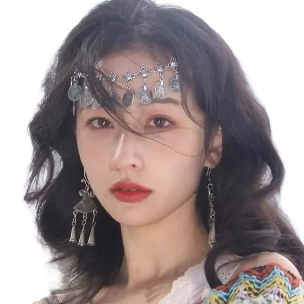 Silver metallic forehead chain hair pendant with intricate filigree and dangling coin charms for elegant wear