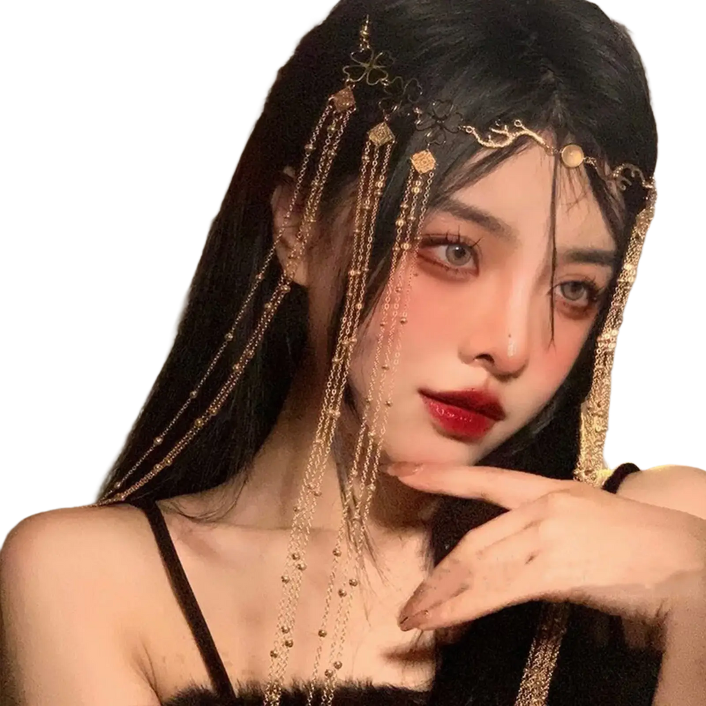 Red gemstone gold forehead chain hair pendant featuring a gold-toned chain headpiece with intricate filigree and dangling beads