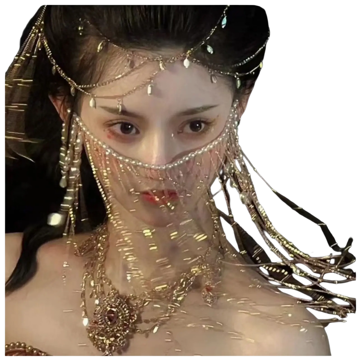 Red gemstone gold forehead chain hair pendant with gold-toned intricate headpiece and dangling beads and chains