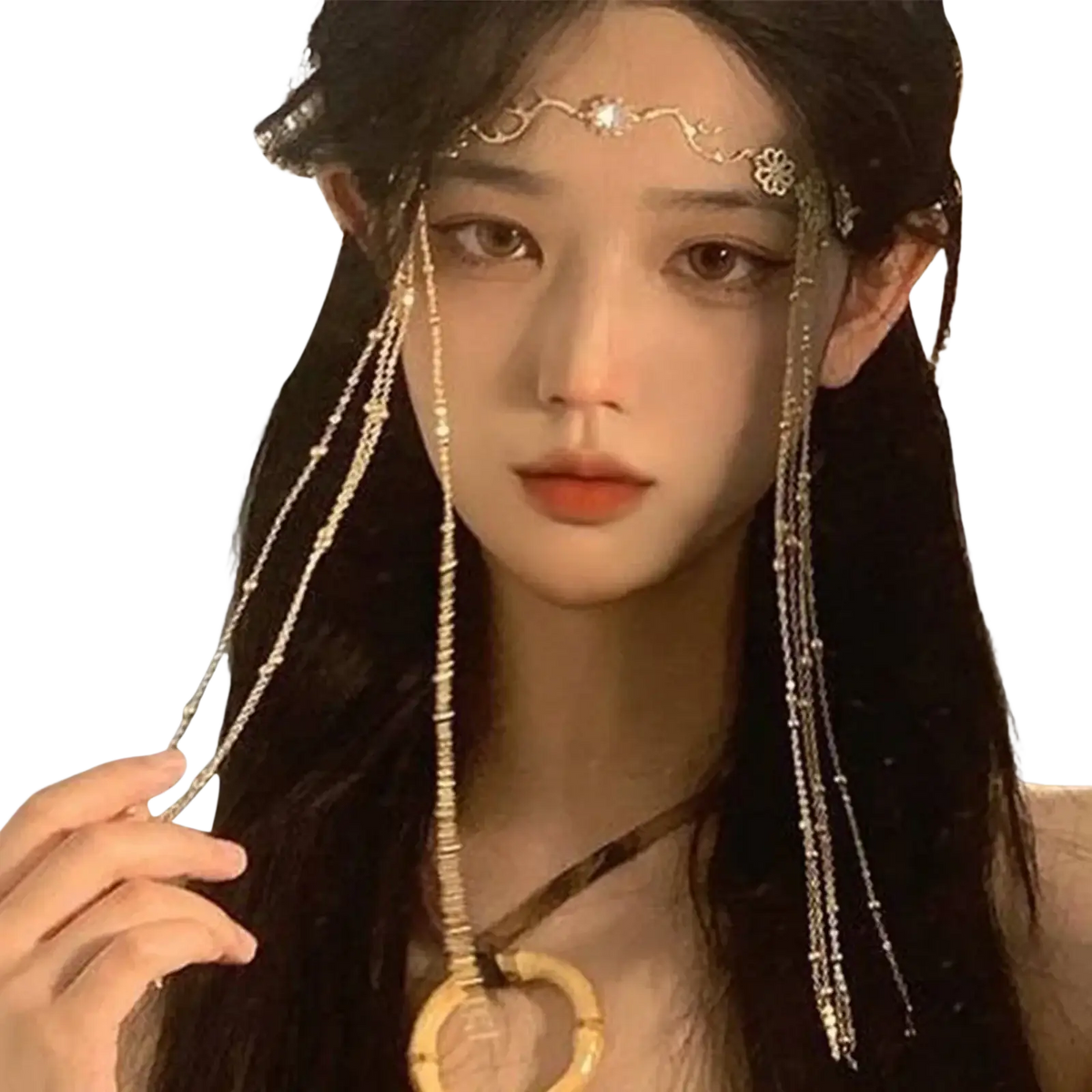 Red gemstone gold forehead chain hair pendant with gold-toned metallic headpiece and delicate floral chain strands