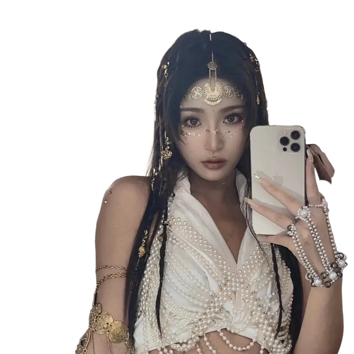 White pearl-embellished crop top with intricate gold chain and circular pendant details in red gemstone gold forehead chain hair pendant set