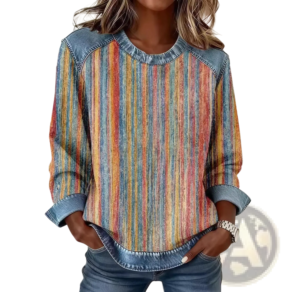 Red glitter denim accent sweatshirt featuring a colorful striped long-sleeved top with denim shoulders and cuffs
