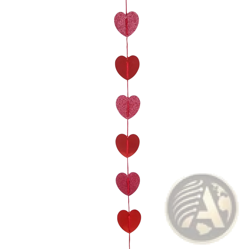 Red glitter heart garland featuring alternating glittery and matte red heart-shaped decorations for Valentine parties