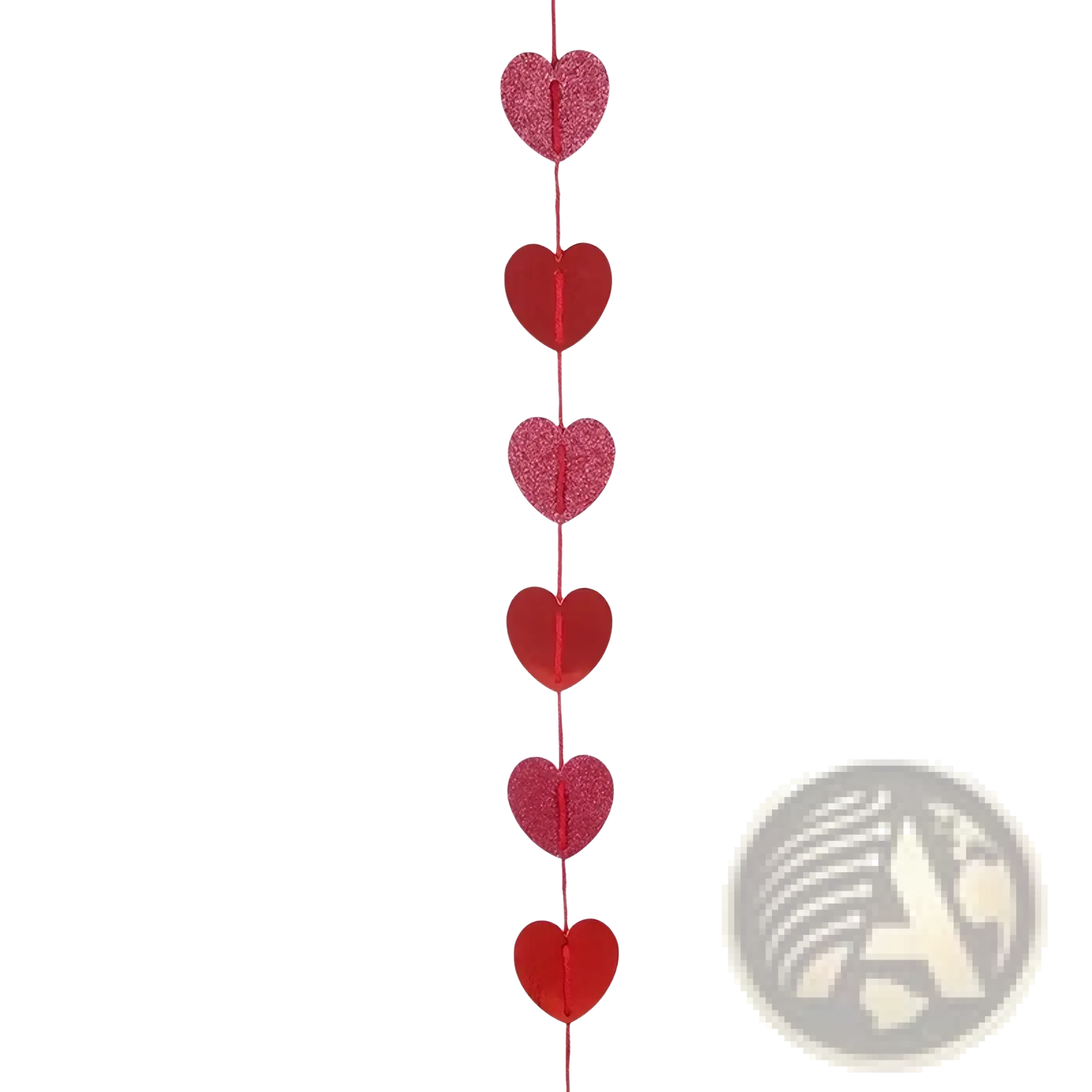 Red glitter heart garland featuring alternating glittery and matte red heart-shaped decorations for Valentine parties