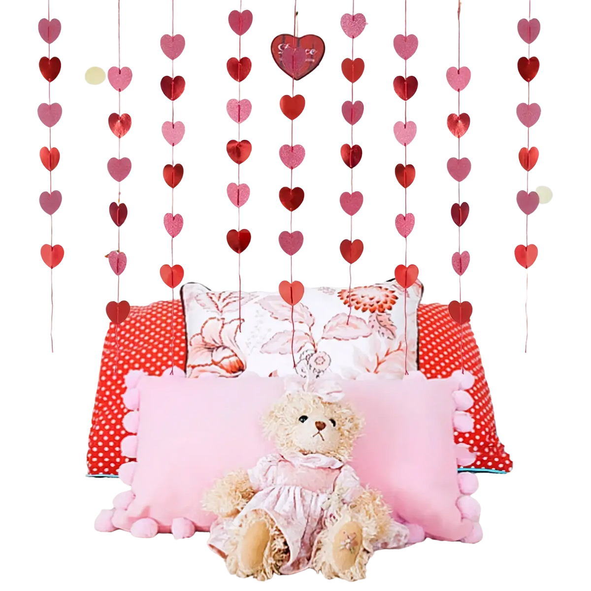 Red glitter heart garland featuring pink and red heart-shaped paper strands for valentine party decoration