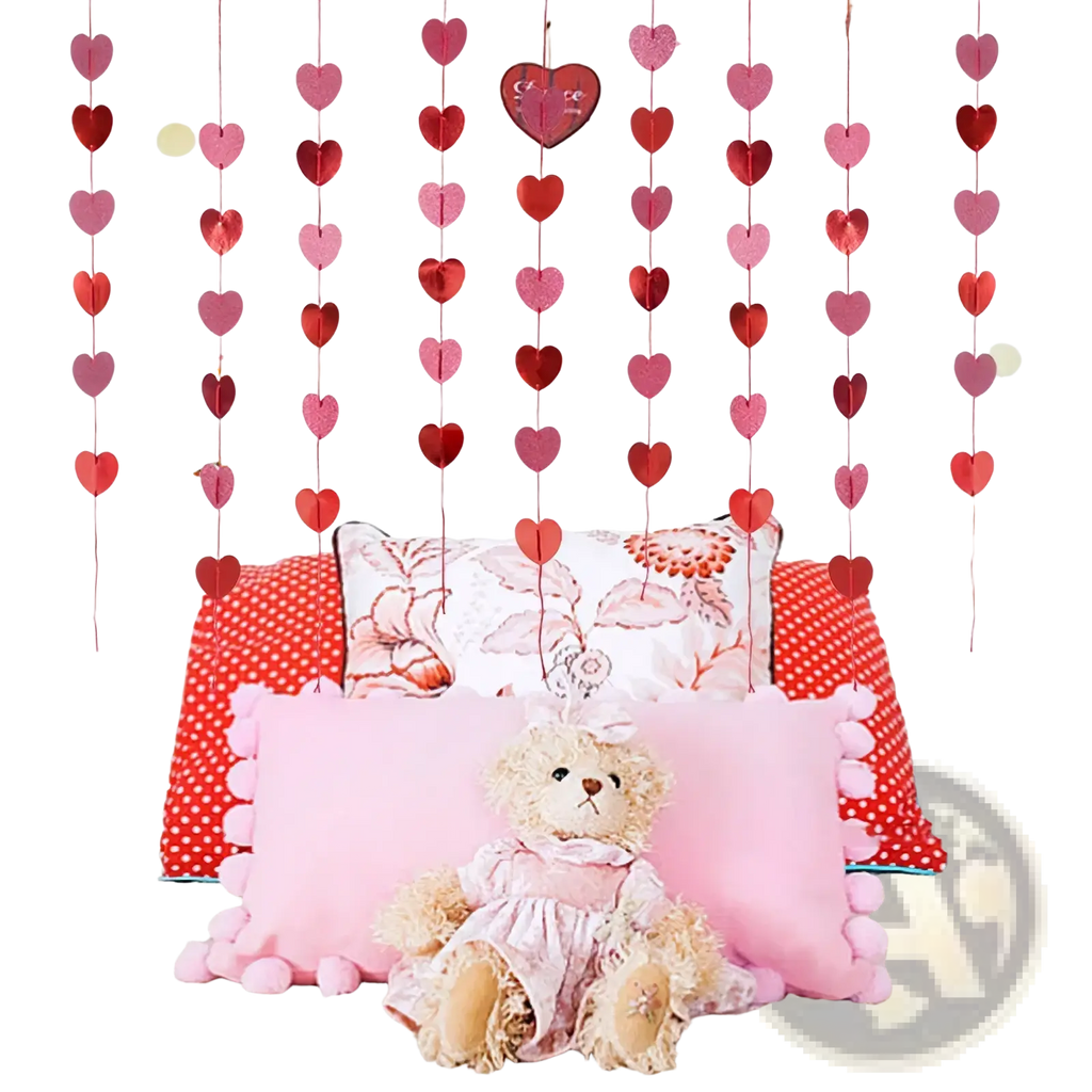 Red glitter heart garland featuring pink and red heart-shaped paper strands for valentine party decoration