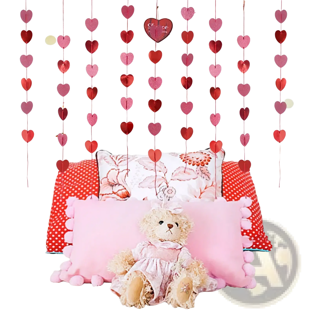 Red glitter heart garland featuring pink and red heart-shaped paper strands for valentine party decoration