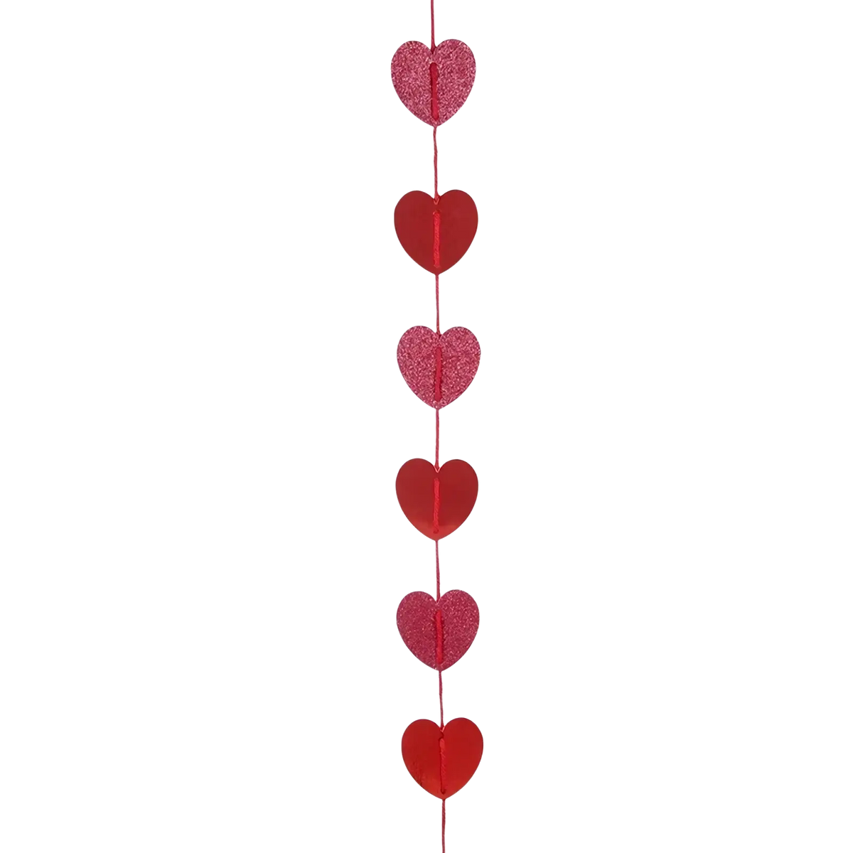 Red glitter heart garland featuring alternating glittery and matte red heart-shaped decorations for Valentine parties
