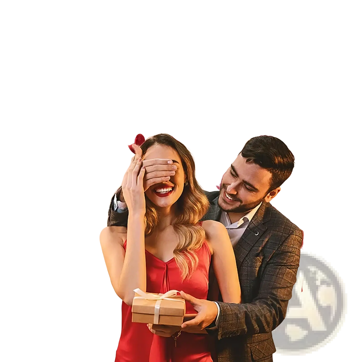 A woman in a red dress holds a small brown cardboard gift box with white ribbon near a red glitter heart garland banner