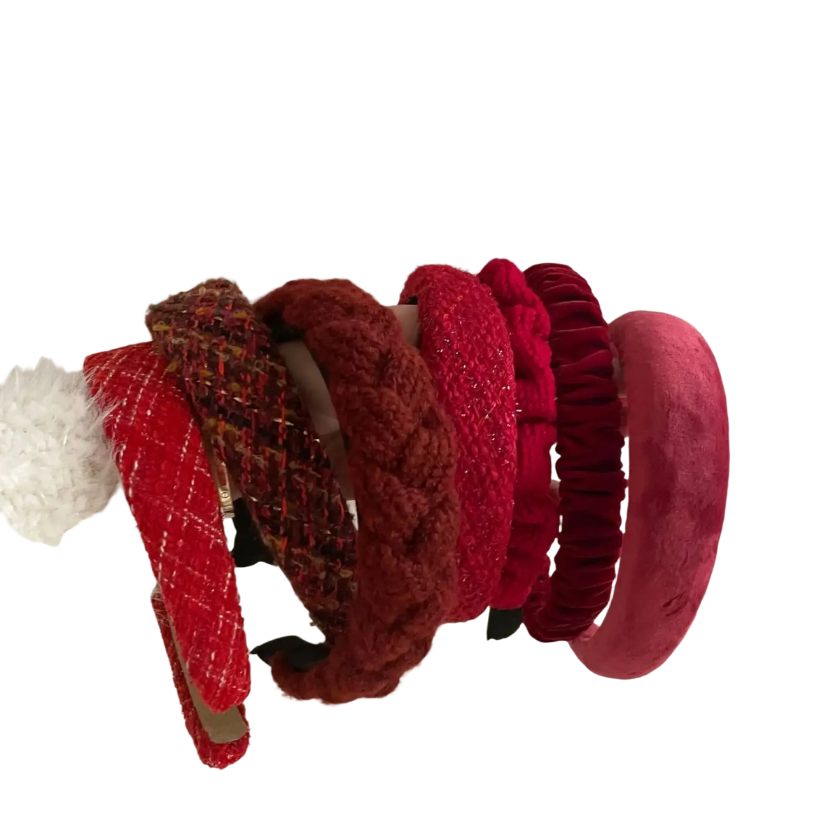A collection of six red knitted headbands for women featuring tweed velvet braided and textured styles