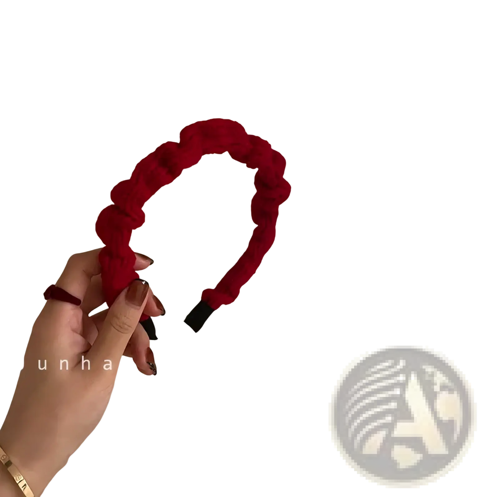 Red hair accessory knitted headband for women in vibrant red with twisted rope texture and black elastic ends