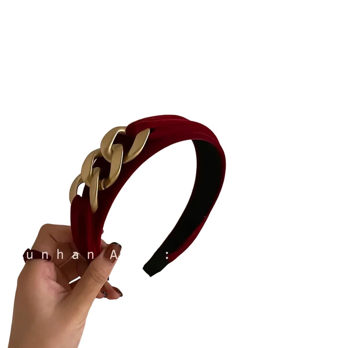 Red velvet knitted headband for women with gold-toned chain link embellishment as a red hair accessory
