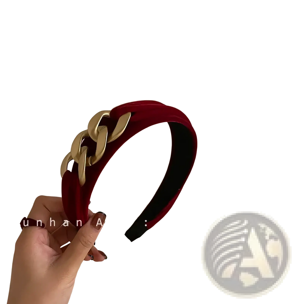Red velvet knitted headband for women with gold-toned chain link embellishment hair accessory