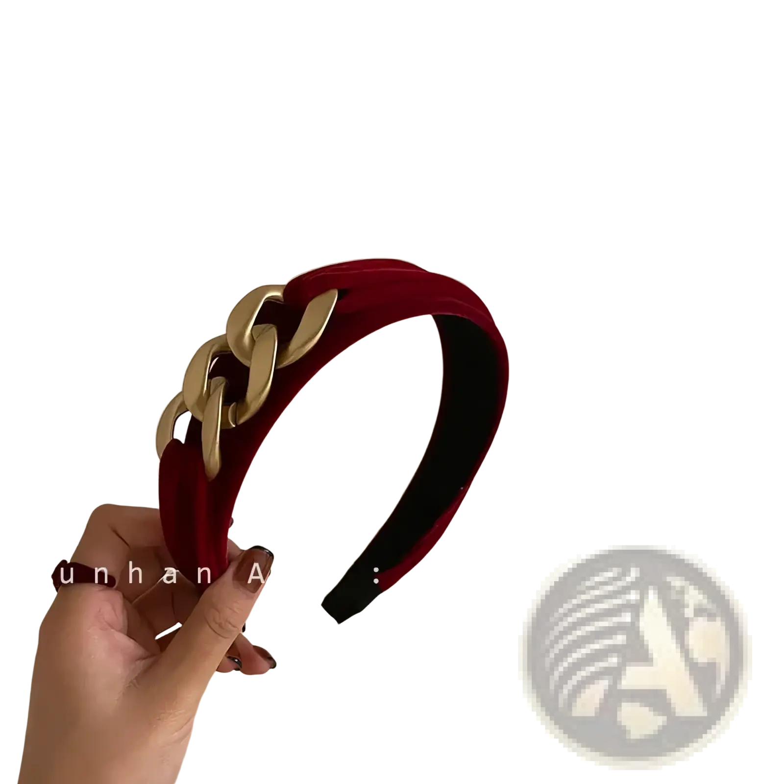 Red velvet knitted headband for women with gold-toned chain link embellishment hair accessory