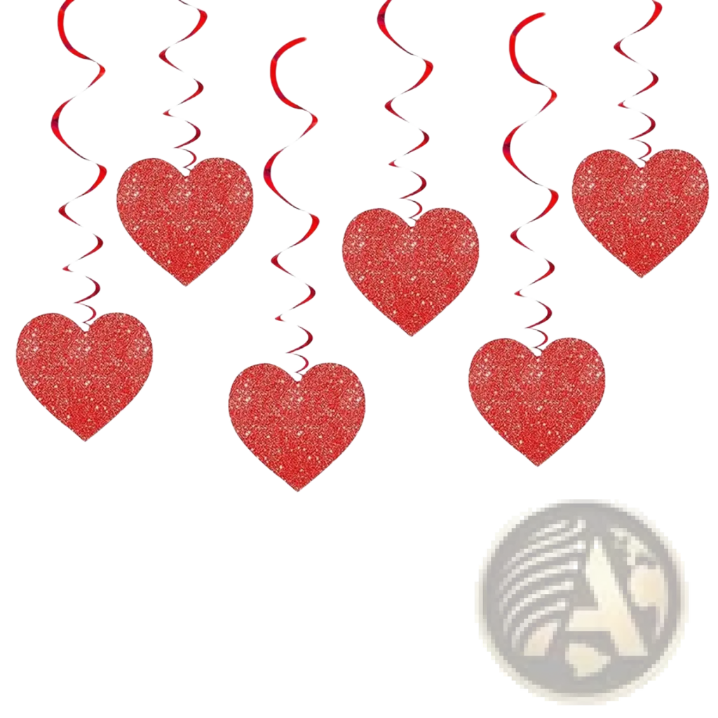 Red heart hanging ceiling streamers with glittery spiral ribbons for valentine party decor