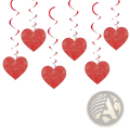 Red heart hanging ceiling streamers with glittery spiral ribbons for valentine party decor