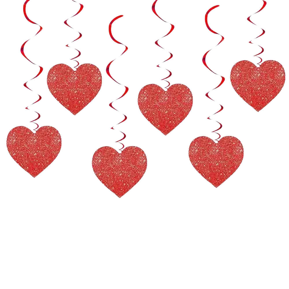 Red glittery heart-shaped hanging ceiling streamers with spiral ribbons for valentine party decor
