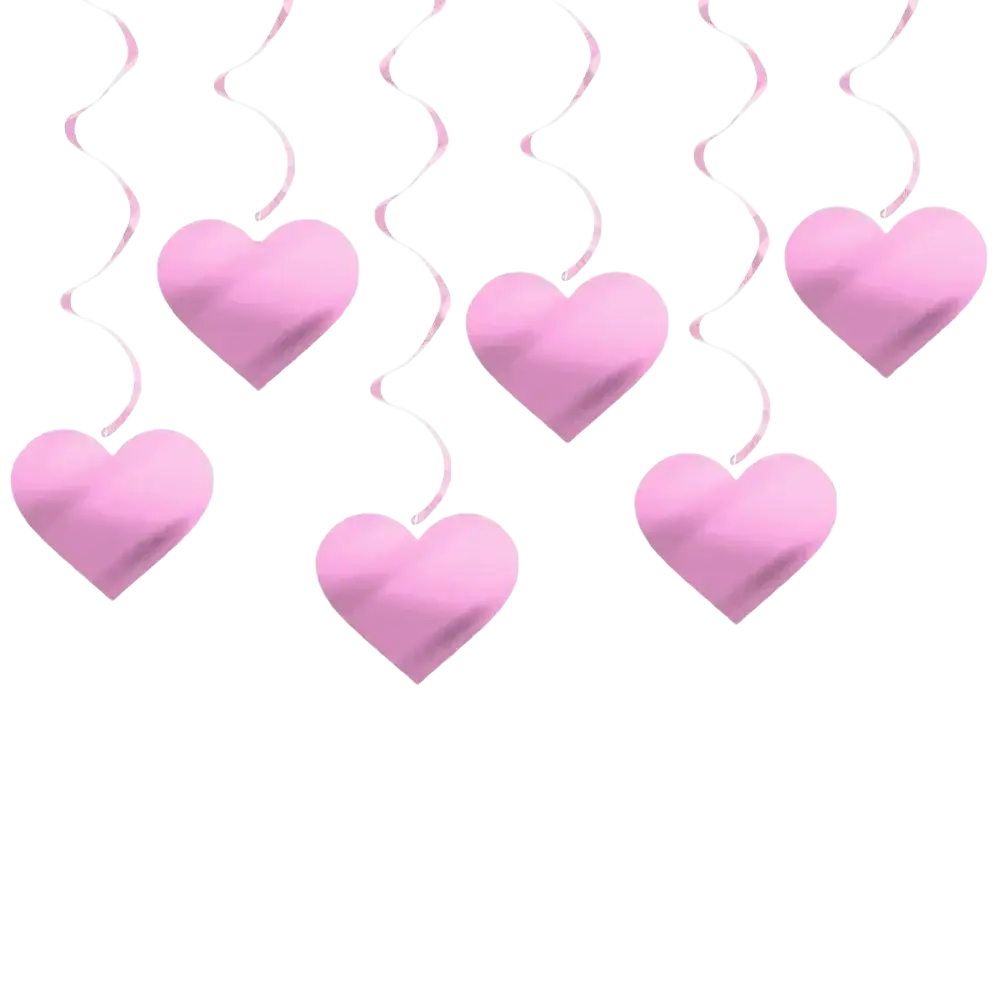 Pink heart-shaped ceiling streamers with twisted white streamers for valentine party decor and valentine party use