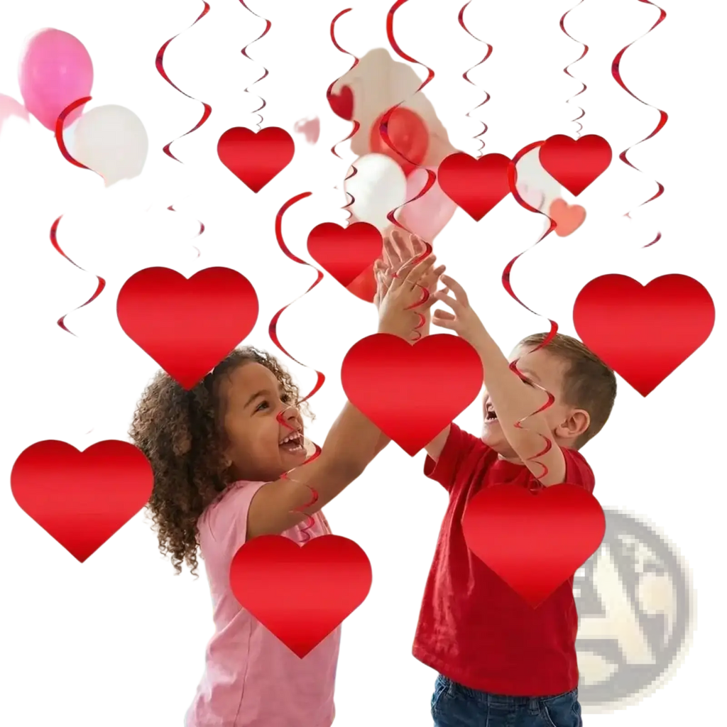Red heart hanging ceiling streamers with spiral ribbons in red for valentine party decor hanging from the ceiling