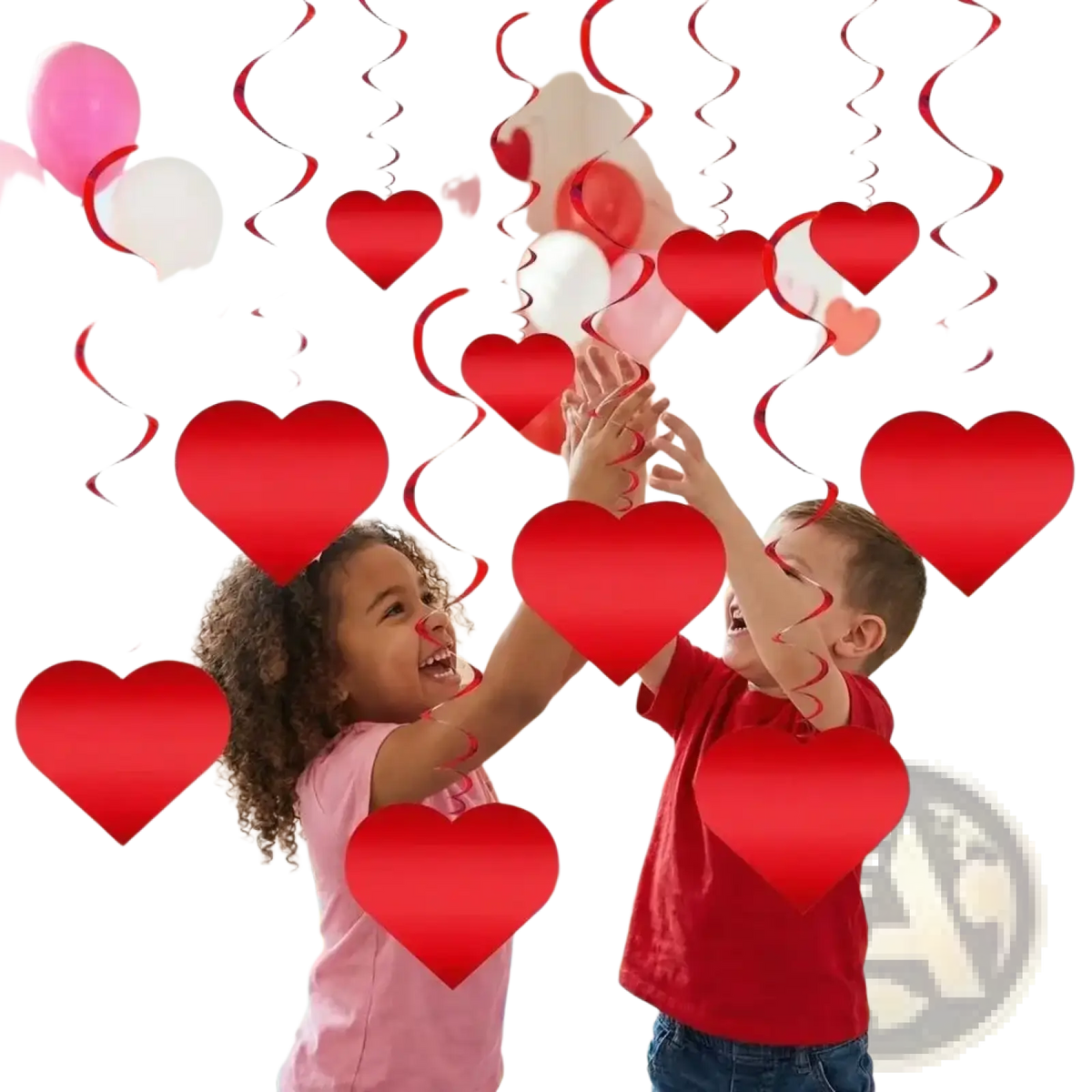 Red heart hanging ceiling streamers with spiral ribbons in red for valentine party decor hanging from the ceiling