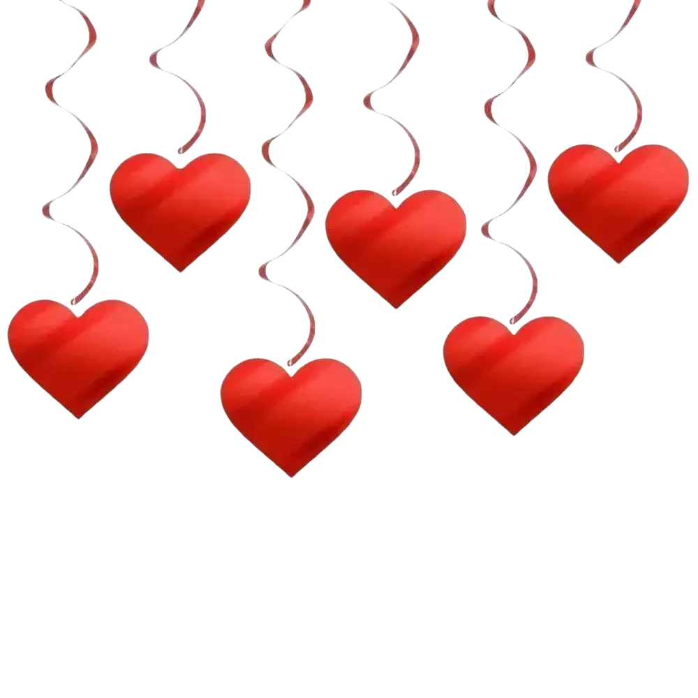 Red heart hanging ceiling streamers with glossy surfaces and twisted silver ribbons for valentine party decor