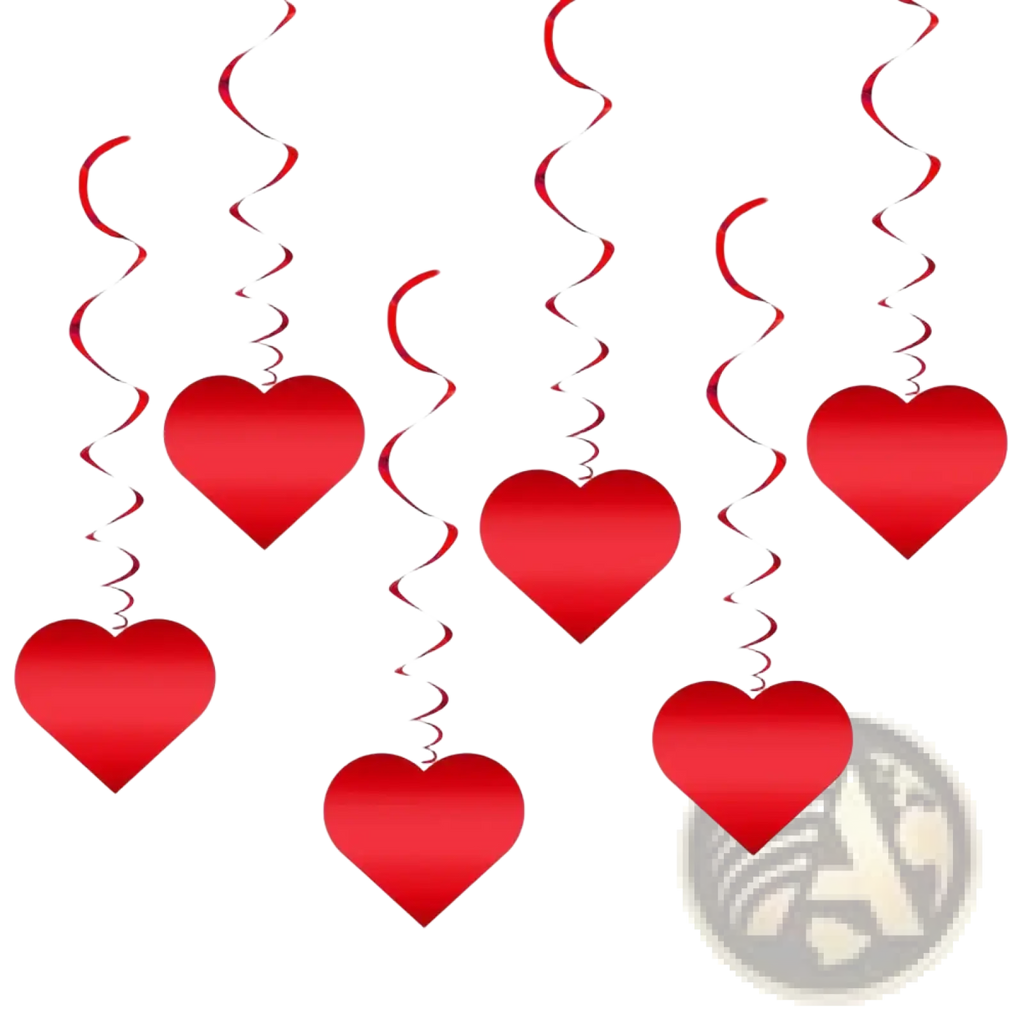 Red heart hanging ceiling streamers with spiral ribbons in red for valentine party decoration