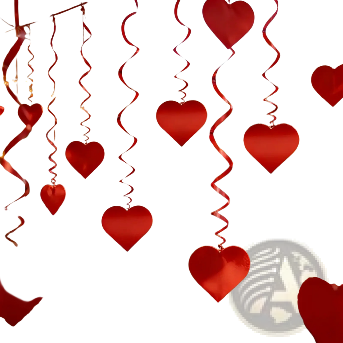 Red heart hanging ceiling streamers featuring spiral ribbon decorations in vibrant red for valentine party decor