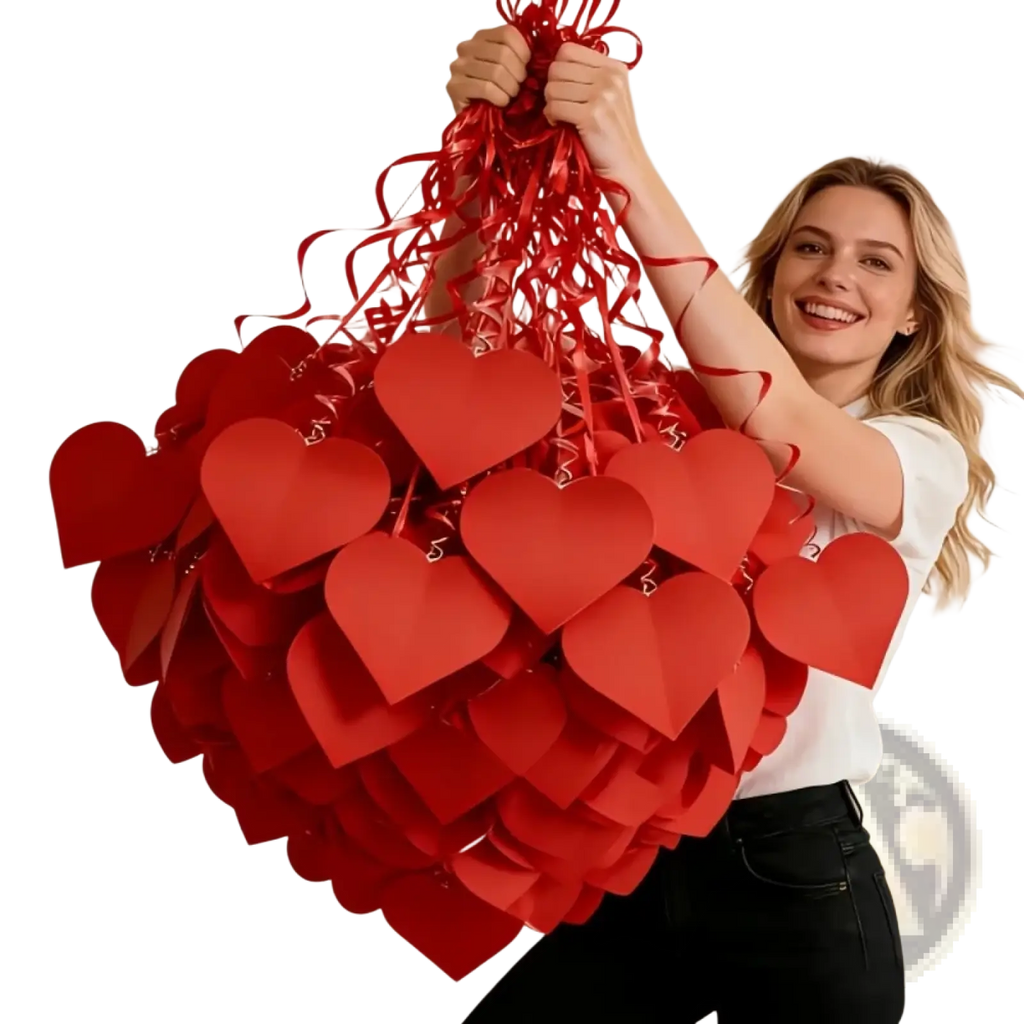 Red heart hanging ceiling streamers featuring vibrant red layered glossy paper hearts with curly ribbon handles for valentine decor