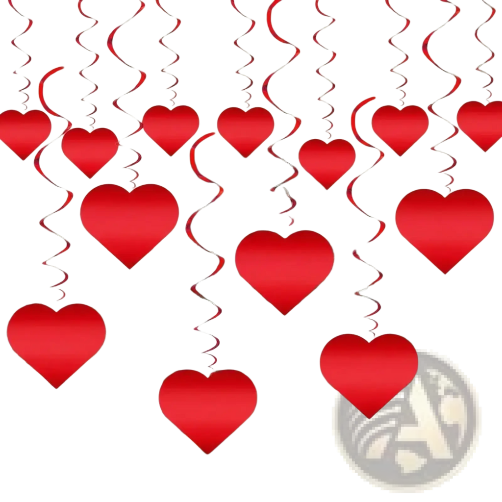 Red heart hanging curtain featuring heart-shaped decorations with spiral ribbons for valentine party decor