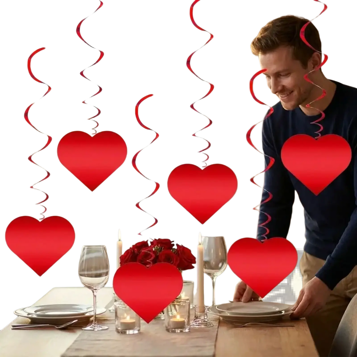 Red heart hanging curtain valentine party decor featuring red heart-shaped decorations with spiral ribbons