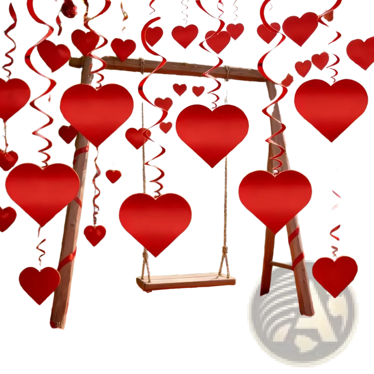 Red heart hanging curtain valentine party decor with heart-shaped decorations suspended by spiral ribbons and ropes