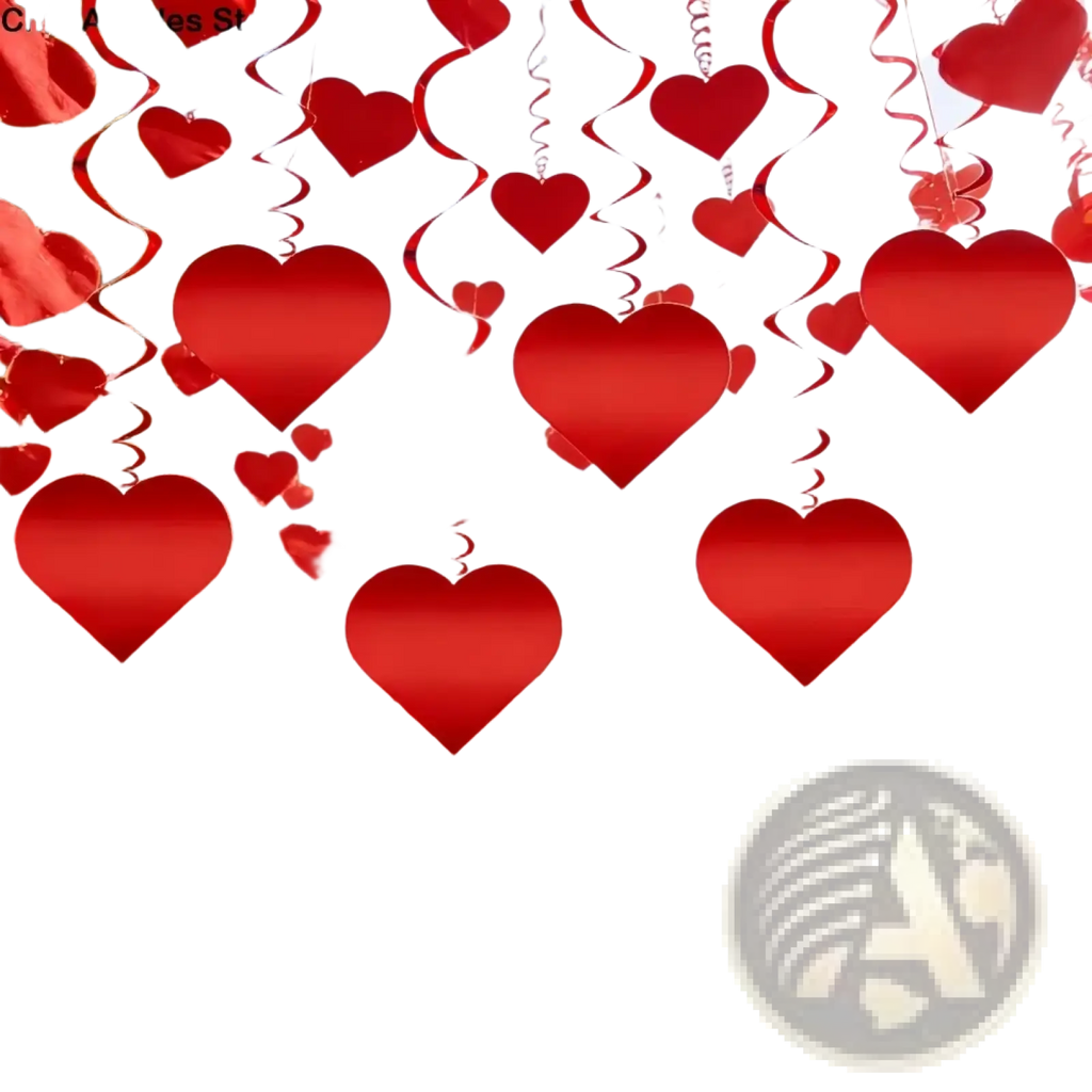 Red heart hanging curtain with spiral ribbon decorations made of shiny material for valentine party decor