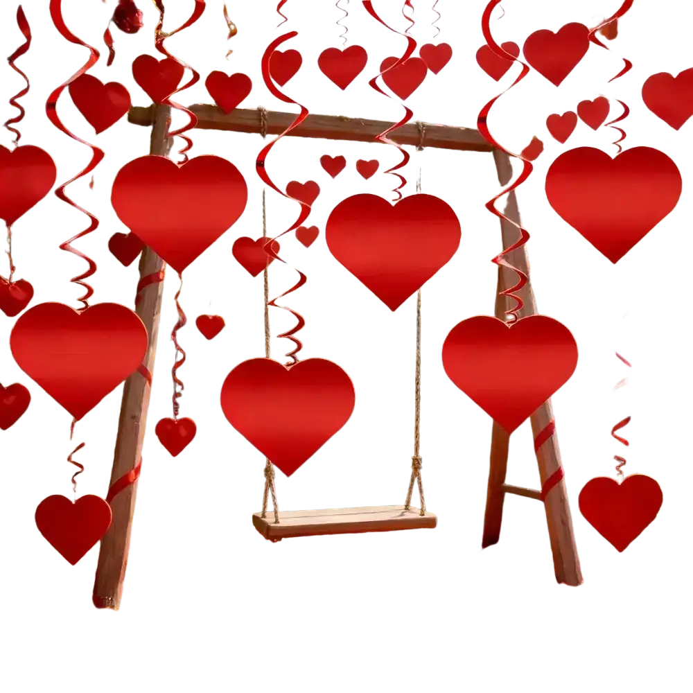 Red heart hanging curtain party decor featuring red heart-shaped decorations hanging from a wooden frame