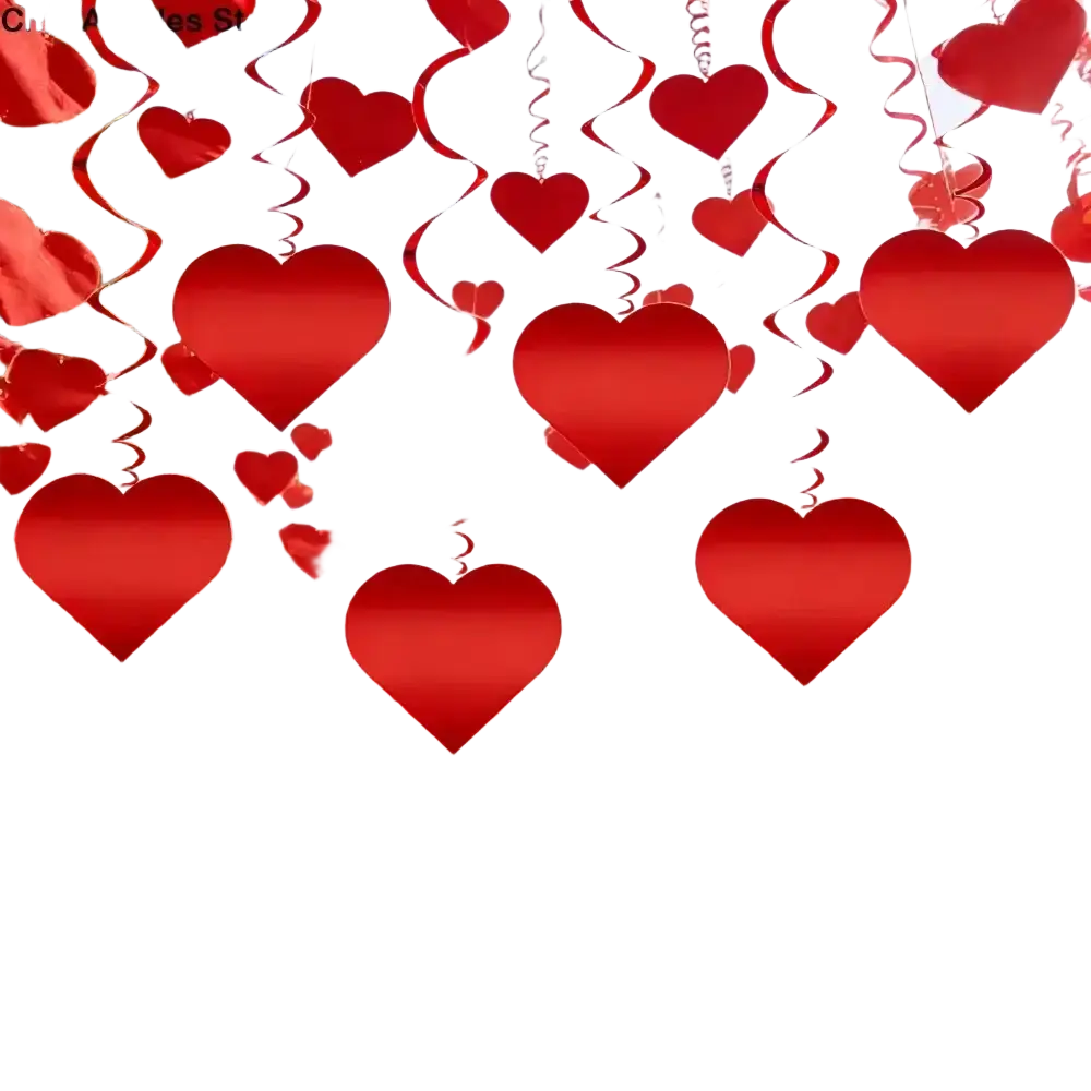 Red heart hanging curtain party decor featuring glossy red heart-shaped decorations with spiral twist tails
