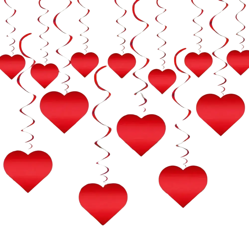Red heart hanging curtain featuring heart-shaped decorations with spiral ribbons for valentine party decor