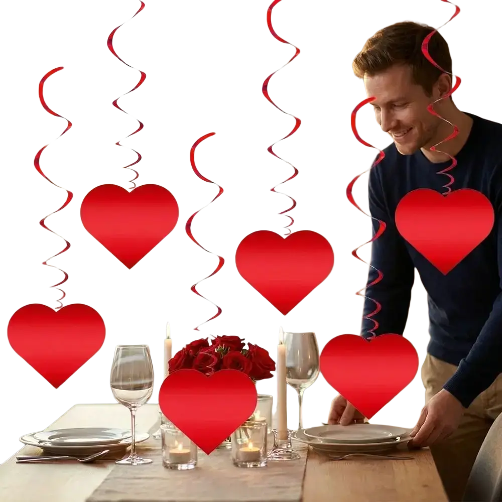 Red heart hanging curtain valentine party decor featuring red heart-shaped decorations with spiral ribbons