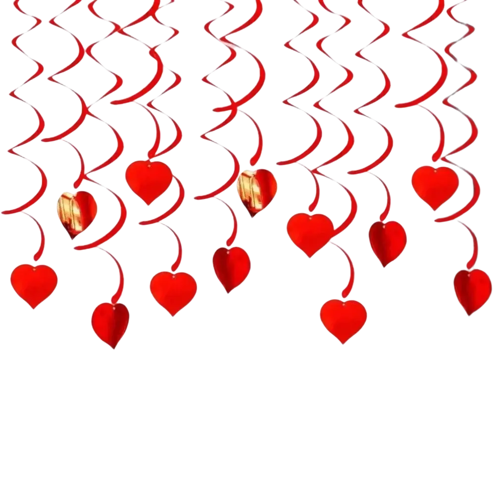 Red heart hanging curtain valentine party decor featuring heart-shaped decorations with swirling ribbons and metallic gold accents