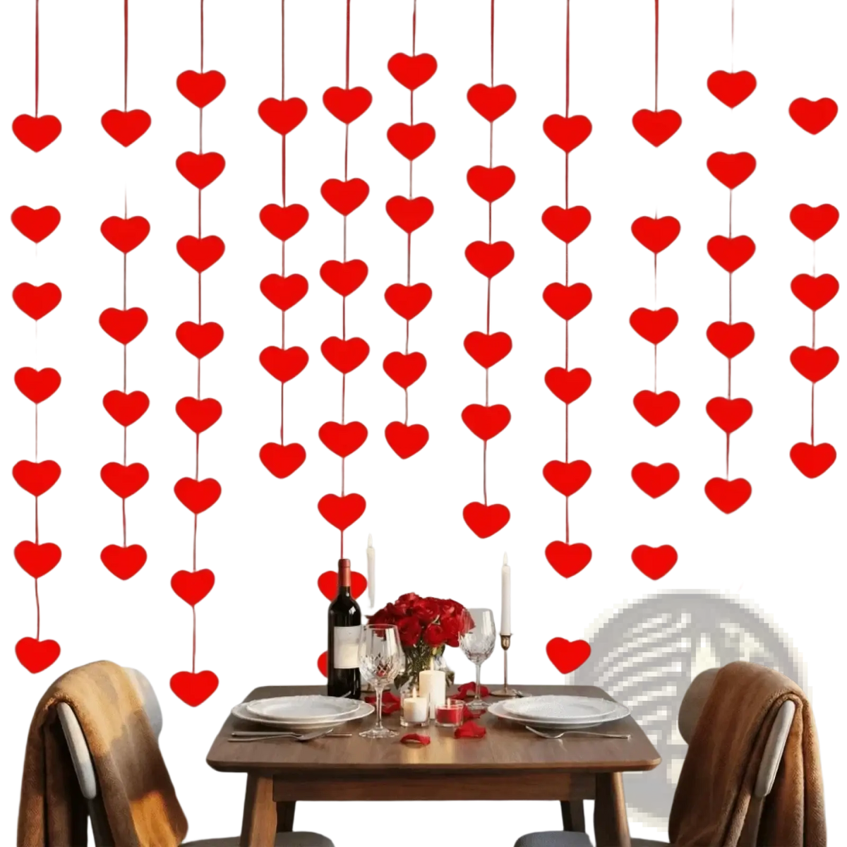 Red heart hanging garland with red heart shaped decorations in vertical strands for valentine party decor