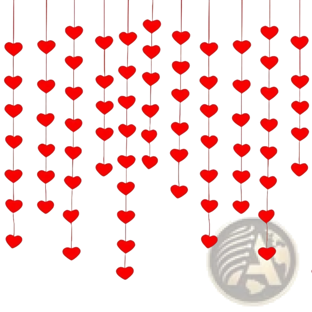 Red heart hanging garland with heart-shaped decorations in vertical strands for valentine party decor