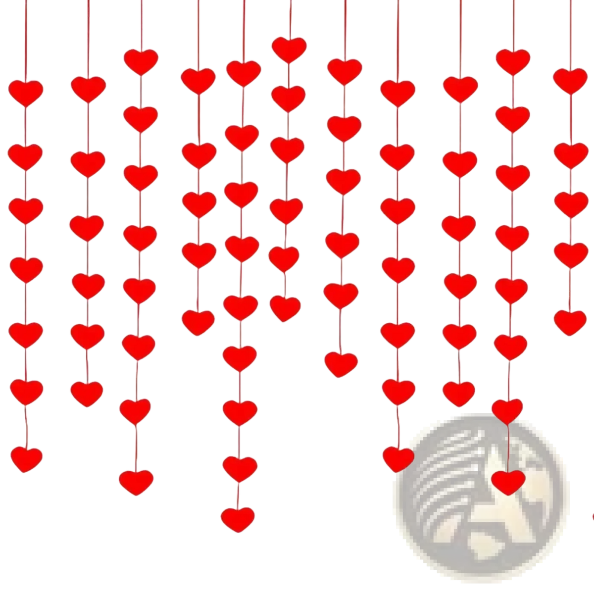 Red heart hanging garland with red heart-shaped decorations in vertical strands for valentine party decor