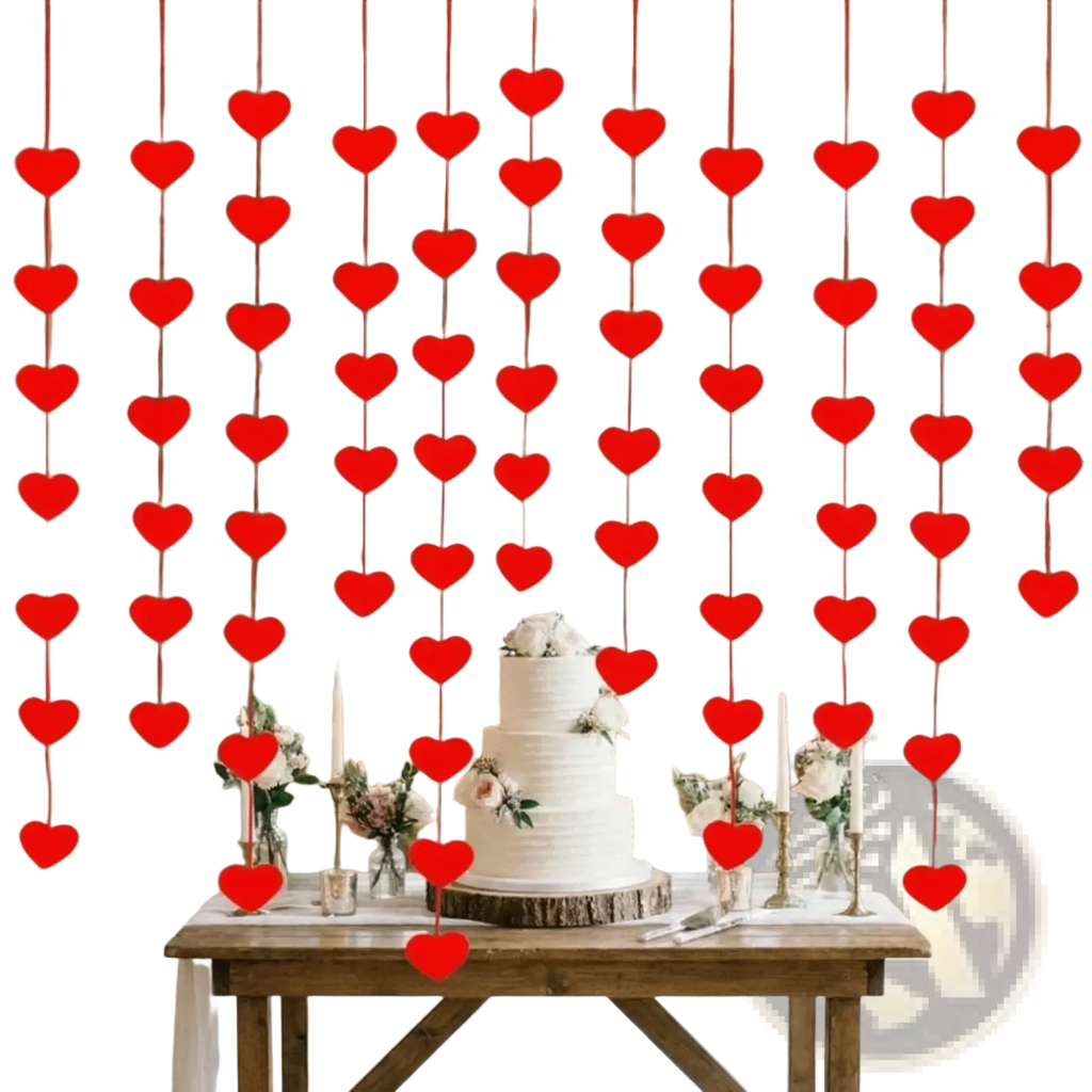Red heart hanging garland with red heart shaped decorations in vertical strands for valentine party decor