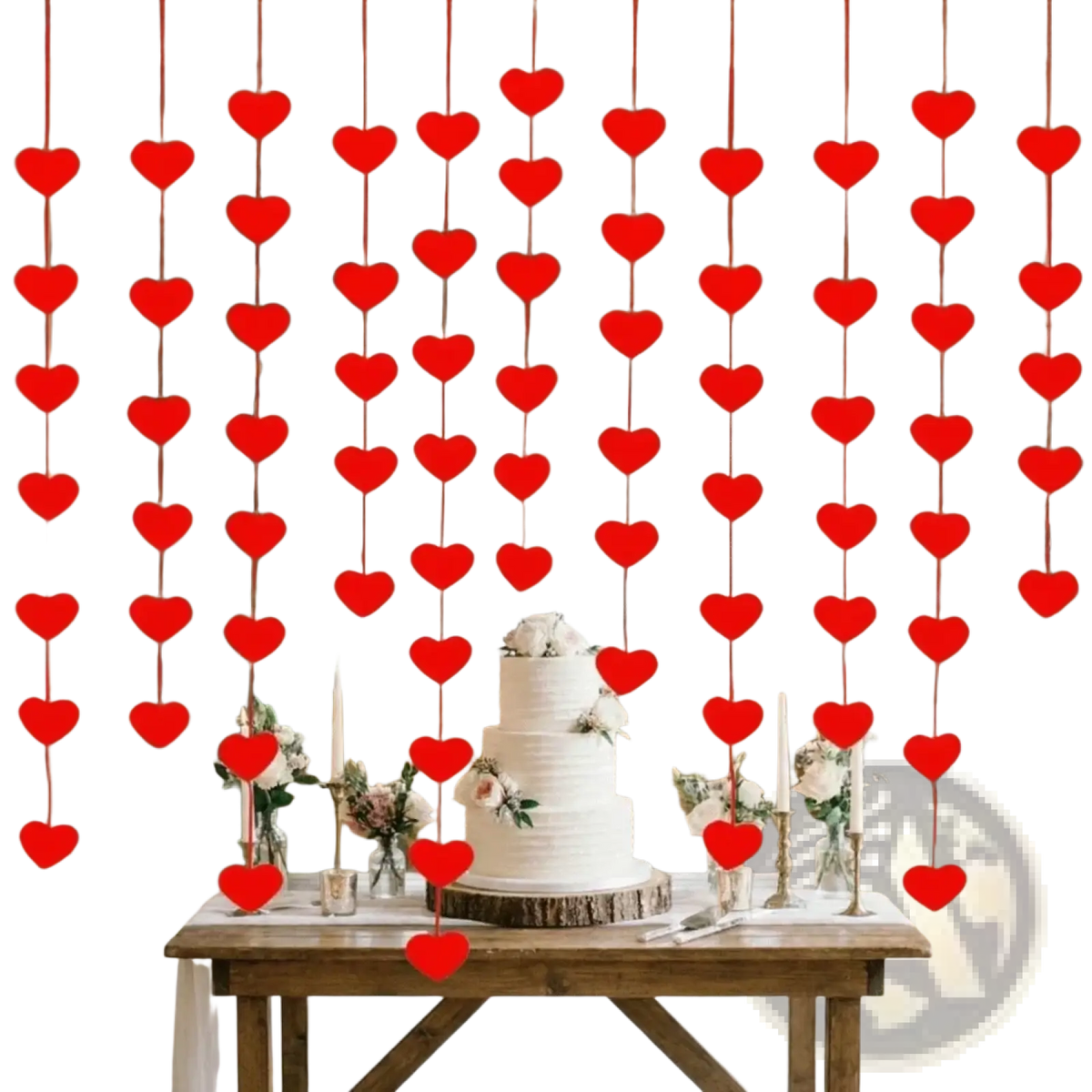 Red heart hanging garland with red heart shaped decorations in vertical strands for valentine party decor