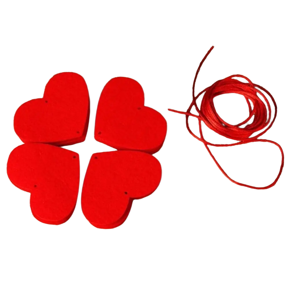 Red heart hanging garland featuring red felt heart cutouts arranged in a flower pattern with matching red cord for valentine decor