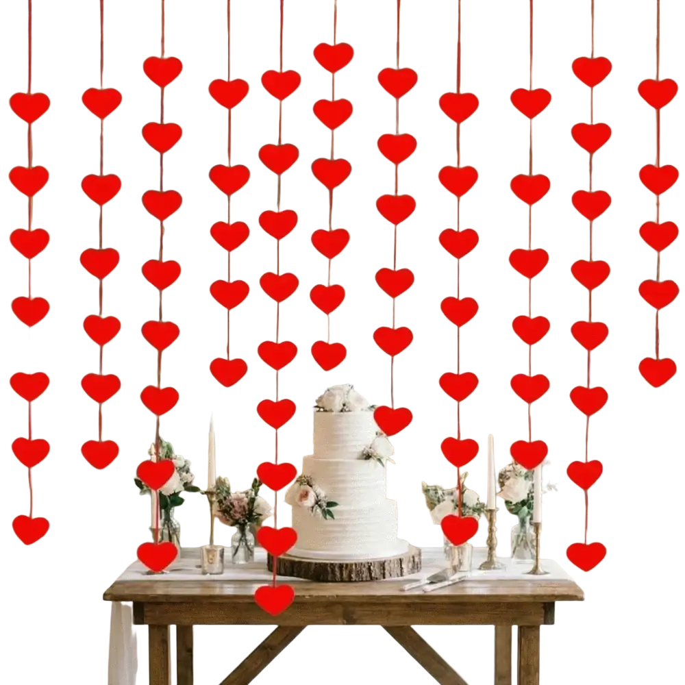 Red heart hanging garland with red heart shaped decorations in vertical strands for valentine party decor